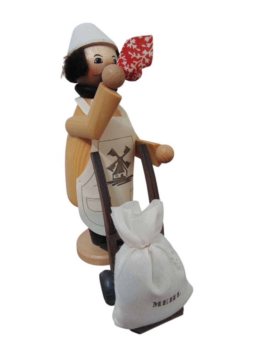 Vtg. Erzgebirge Volkskunst Baker Figurine with Dolly Hand Truck Apron Mehl Flour